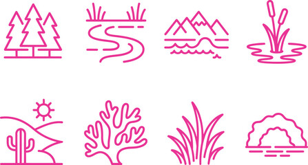 Pink Nature Icon Set Trees, River, Mountains, Pond, Cactus, Coral, Grass, Cave Icons