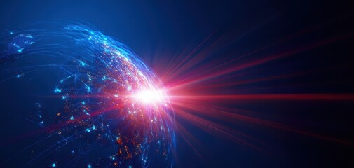 The Earth Illuminated by Digital Networks and Radiant Red Sunrise Over Cities