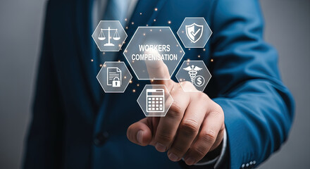 Man presses digital icons showing workers compensation benefits including medical, legal, and financial support