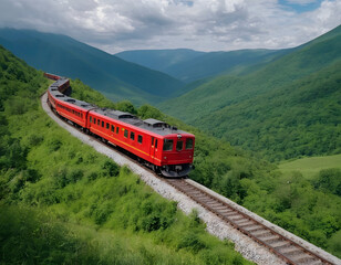 Obraz premium A red train on the lush green mountain. A natural wallpaper. A railway with a train in the mountains.