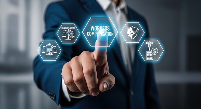 Person in blue suit presses Workers Compensation icon among justice and medical symbols