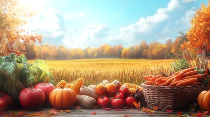 Abundant autumn harvest of fresh vegetables and fruits on a wooden table corn