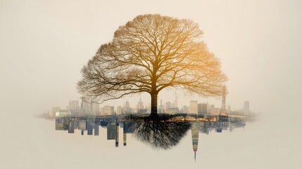 Double exposure tree with city skyline