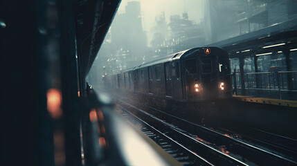 Moody Atmospheric Subway Train Arriving at Rainy City Station Platform