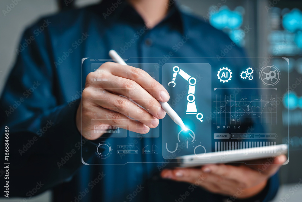 Poster modern businessman interacting with advanced holographic display showing industrial robot arm and da