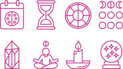 Pink Outline Icons of Calendar, Hourglass, Wheel, Moon Phases, Crystal, and more on White
