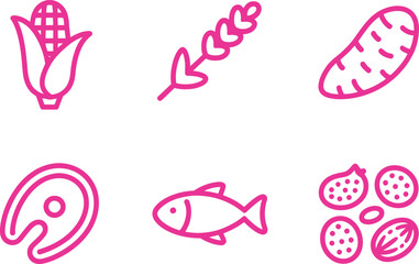 Pink Outline Icons of Corn, Potato, Fish, Salmon, Nuts, Seeds on White