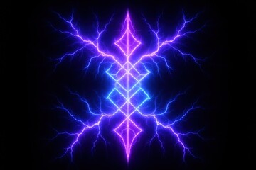Fototapeta premium Abstract neon totem made of violet and blue lightning bolts, glowing electric energy pattern on dark background.
