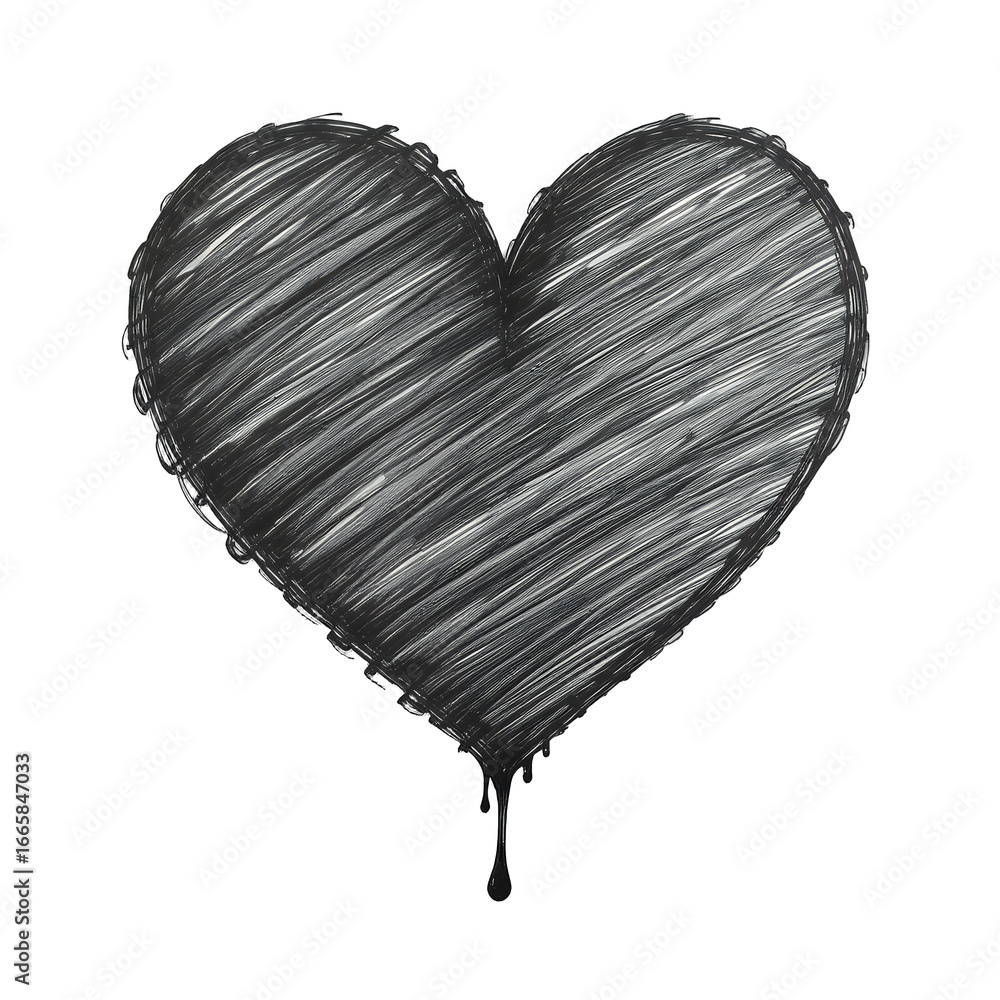 Poster abstract textured heart shape created with metallic silver strokes on black background
