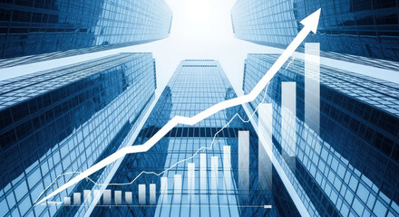 Low angle of blue skyscrapers overlaid with a rising white arrow and bar graphs