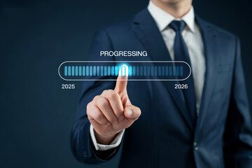 Businessman in suit interacting with futuristic digital progress bar interface technology