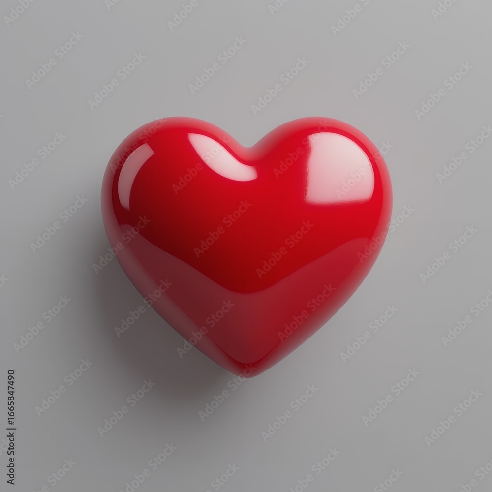 Poster glossy three dimensional red heart shape isolated on neutral gray background with soft shadows