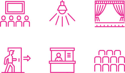 Pink Outline Icons Show Audience, Stage, Exit Sign, Ticket Booth, Seating on White