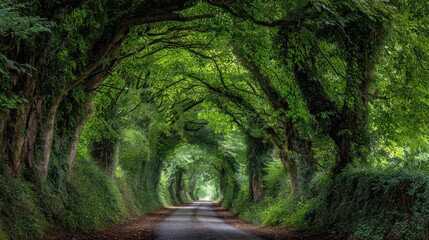 Naklejka premium English country lane with arching green tree tunnel