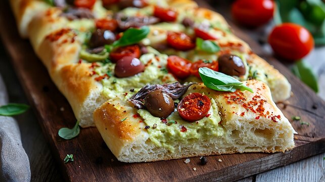 Avocado cream anchovy paprika and kalamata olives on focaccia - Powered by Adobe