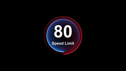 Dynamic speed limit 80 graphic with futuristic blue neon glow effect on a black background for presentations and technology. Road speed limit 80 mph sign board,circle neon line template. 4k