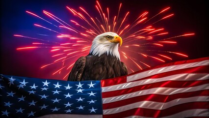 American bald eagle with usa flag and fireworks celebrating patriotism and independence
