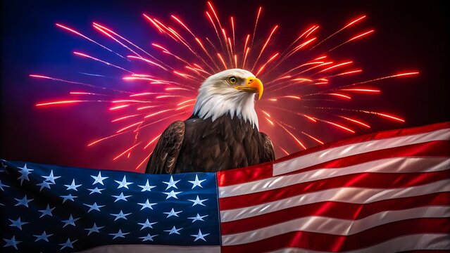 American bald eagle with usa flag and fireworks celebrating patriotism and independence
 - Powered by Adobe