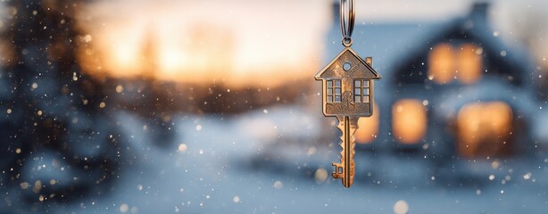 The key shaped house suspended in snowy winter twilight with cozy bokeh background