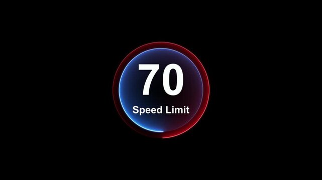 Dynamic road speed limit 70 graphic with futuristic blue neon glow effect on a black background for presentations and technology. Road speed limit 70 mph sign board,circle neon line template. 4k