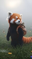 Obraz premium Cute Anthropomorphic Red Panda Explorer with Backpack in Misty Meadow at Dawn.