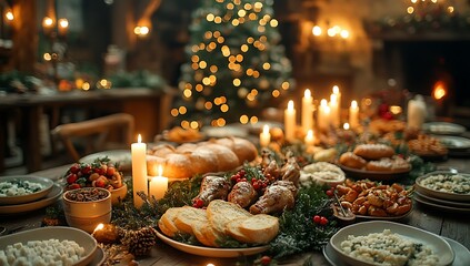 Festive holiday dinner table with roasted chicken bread and candles christmas food
