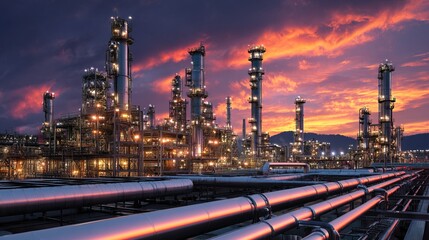Dusk oil refinery complex with glowing pipelines industrial site sunset sky atmospheric view energy production concept