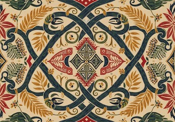 Floral Pattern with Birds and Geometric Shapes