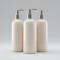 Three Beige Cosmetic Bottles With Silver Pumps On White Background Photo