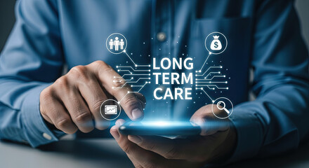 Person uses smartphone displaying long term care icons with digital connection interface