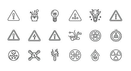  Set of line icons in linear style. Warning risk traumatic life threatening toxic radioactive radiation attention. Outline icon