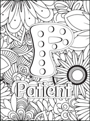 Intricate floral design with the word patient intricate adult coloring page for relaxation