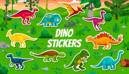 Cartoon prehistoric dinosaurs stickers pack of Jurassic dino lizards, vector kids toys. Funny little baby dino stickers set in jungle forest park, cute lizards, reptiles and dinosaurs for kids game © Vector Tradition
