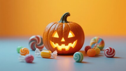 A lit pumpkin lantern combined with colorful candies creates a joyful and childlike Halloween atmosphere, conveying the sweetness and surprise of the festival.