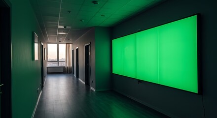 Office Hallway with Blank Green Screen Display Modern Interior