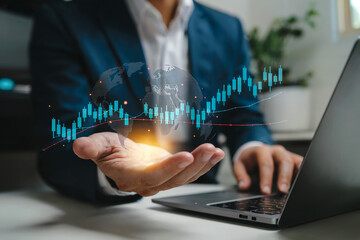 Businessman analyzes financial growth chart using futuristic technology and laptop in modern office setting