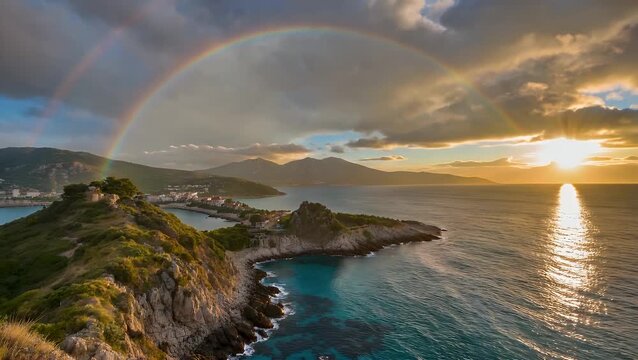 stunning 4k cinematic sunset view of hydra port after rainfall where a rainbow arcs above colorful coastal village reflective waters blending atmospheric natural beauty with island architecture