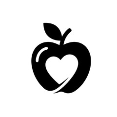 Abstract Wholesome Food Icon With Apple and Heart Combined, Bold Black Silhouette
