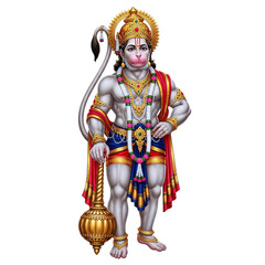 Fototapeta premium Lord hanuman standing with mace isolated on transparent background