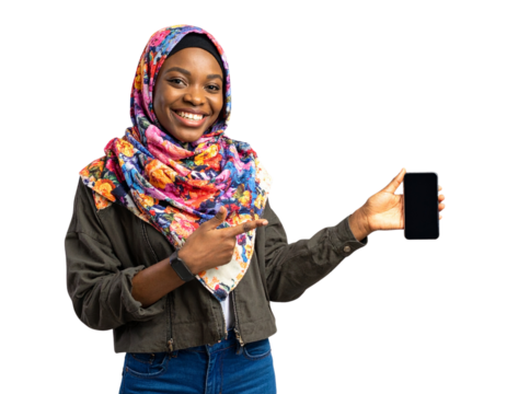 Smiling African American Woman in Hijab Holding Smartphone for Selfie, Isolated on Transparent Background