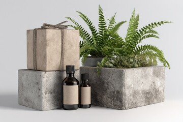 Gift, botanicals, and essential oils displayed on textured stone cubes