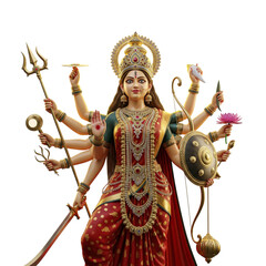 Goddess durga with multiple arms holding weapons isolated on transparent background
