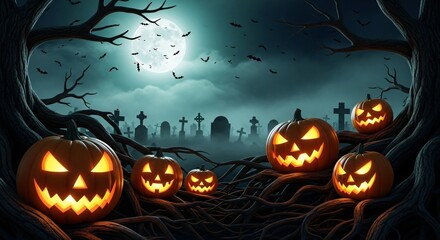 Spooky Halloween pumpkins glow in haunted graveyard under full moon