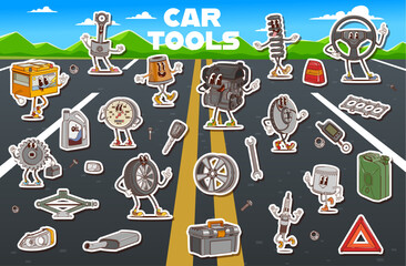 Groovy car spare parts characters stickers pack. Playful cartoon vector patches set of y2k car tools and auto parts like engine, battery, oil, tire and wrench with smiling faces on a road background
