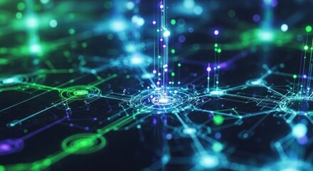 Obraz premium Abstract Network of Glowing Blue and Green Lights Representing Data Flow and Connectivity.
