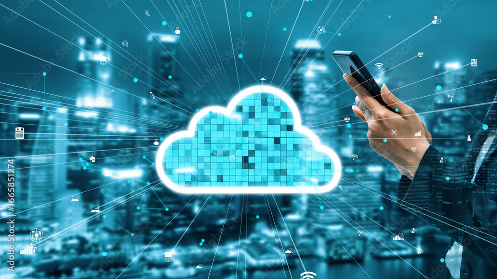 Poster this image depicts a digital cloud technology concept with a person using a smartphone against an ur