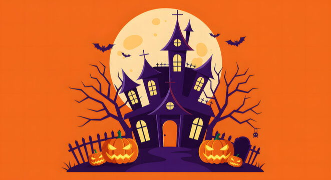 Spooky Halloween Night Haunted House with Pumpkins and Bats Silhouetted Against a Full Moon