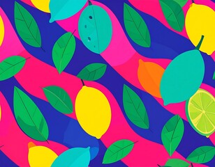 Vibrant fruit and leaf pattern on a wavy background