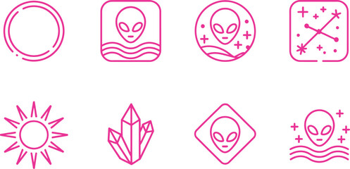 Set of Pink Icons Alien, Crystals, Sun, Circle and Constellation on White Backdrop