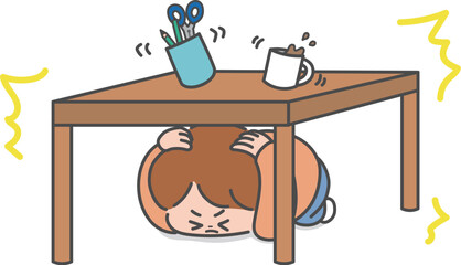 地震がきて机の下に避難する子ども